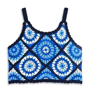 AQUA Boho Blue Allover Crochet Sleeveless Cropped Top Size L